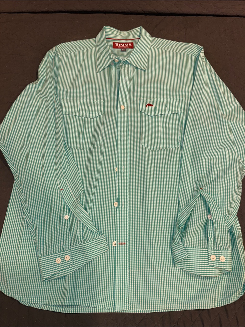 XL Simms Light Teal Micro-Check Long Sleeve Button Down Shirt